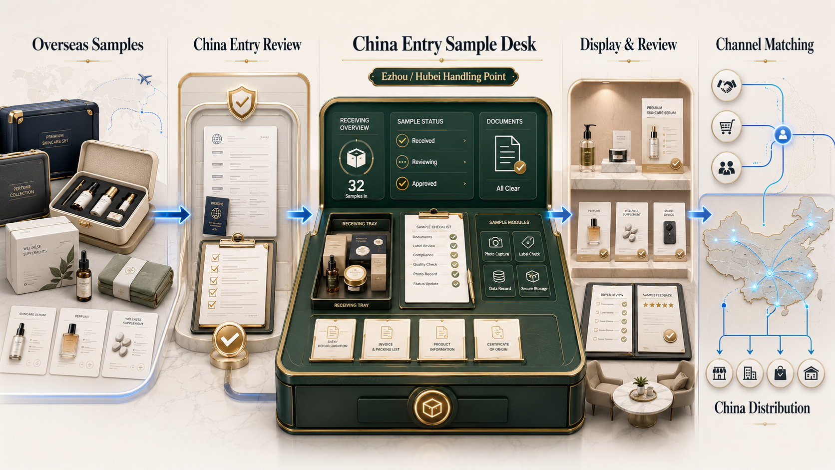 Overseas samples entering China through review, sample desk handling, display, channel matching and China distribution