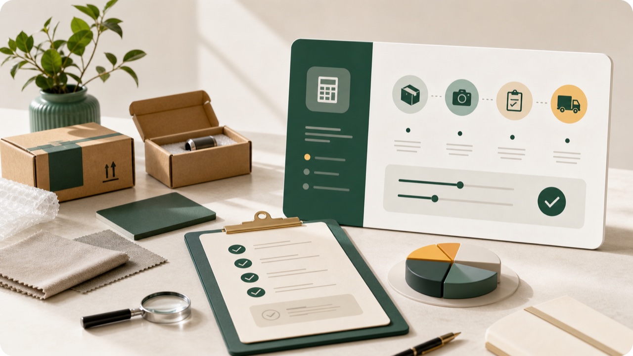 Sample boxes, checklist, and scope review board for a China sample project quote